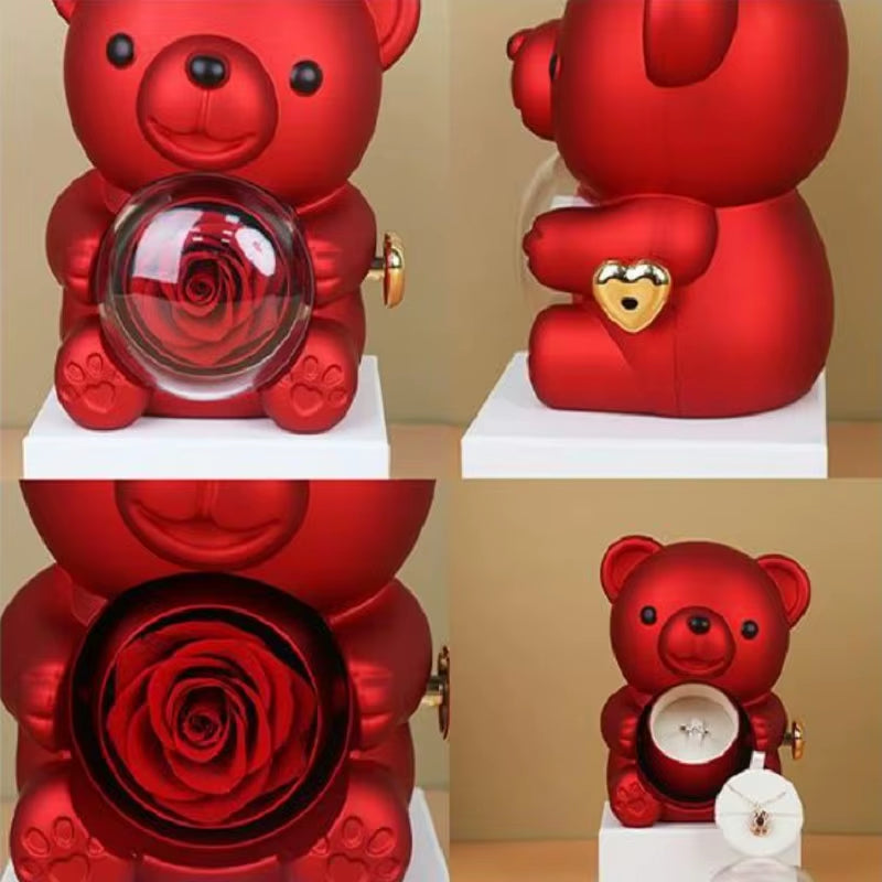 New Rotating Hugging Bear Rose Jewelry Box Eternal Flower Gift Box for Girl Mother'S Day Valentine'S Day Christmas Gift